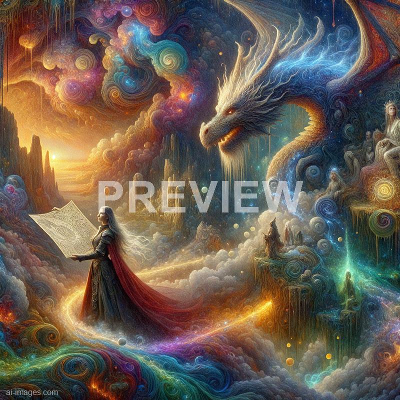 A fantastical scene set in a surreal, cosmic landscape filled with swirling clouds, vibrant colors, and glowing celestial bodies. A majestic dragon with a luminous, flowing mane appears to be emerging from the clouds, its body twisting through the sky as a mysterious woman in a long, elegant gown holding an ornate, glowing tablet or scroll stands on a swirling path below. The background features towering, jagged rock formations, glowing orbs, and a radiant sunset or sunrise, creating an otherworldly, mystical atmosphere.
